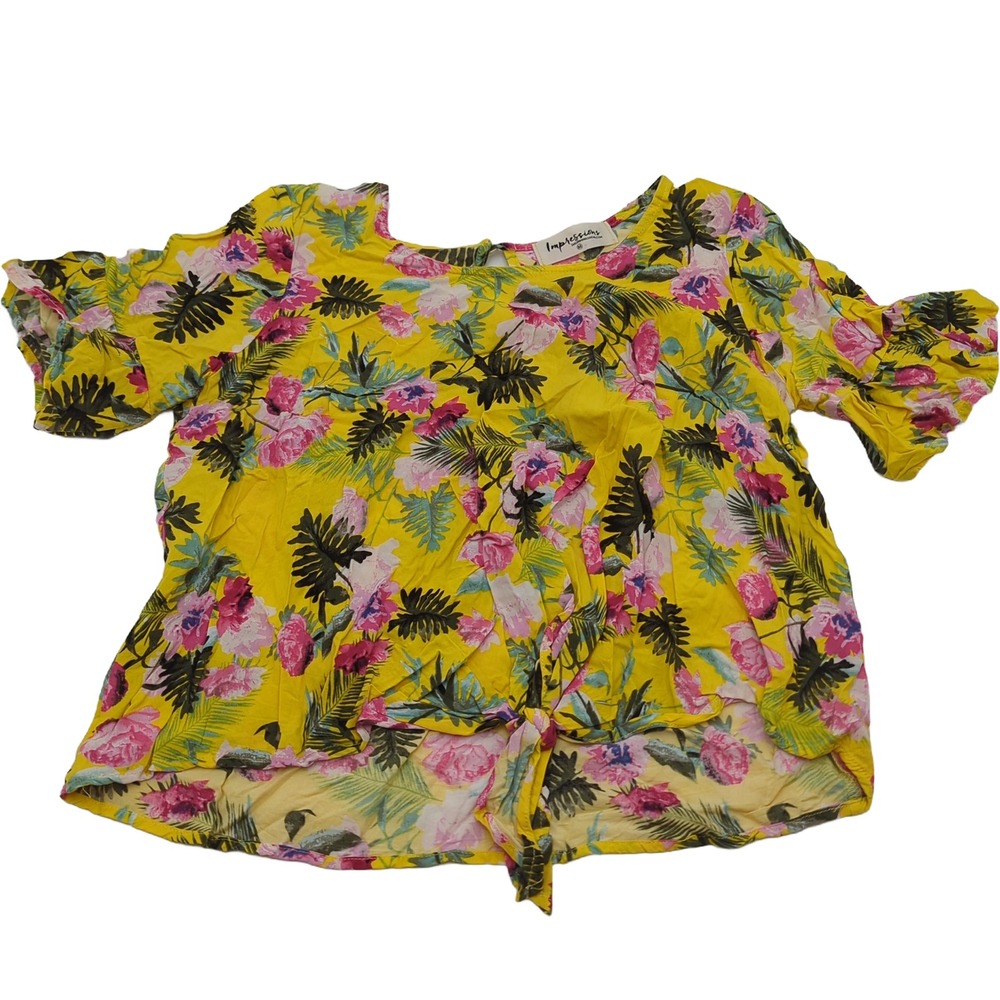 Impressions Yellow Floral Tie Front Ruffle Sleeve Blouse Medium D72140-LW558